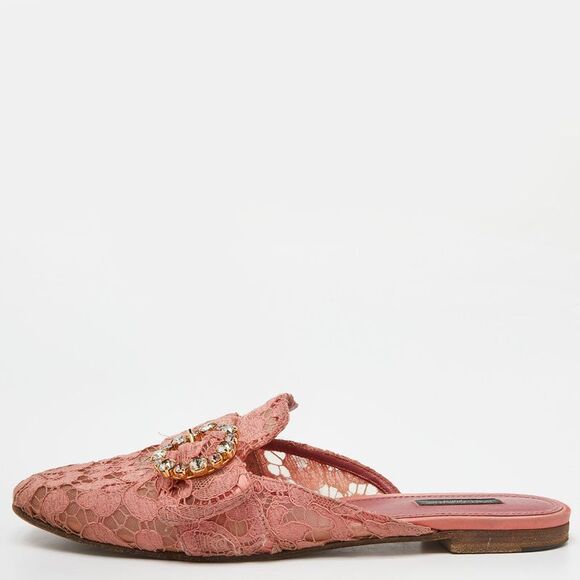Dolce & Gabbana Pink Lace Crystal Embellished Flat Mules Size 41,New Products : American Fashion Style Bags On Sale